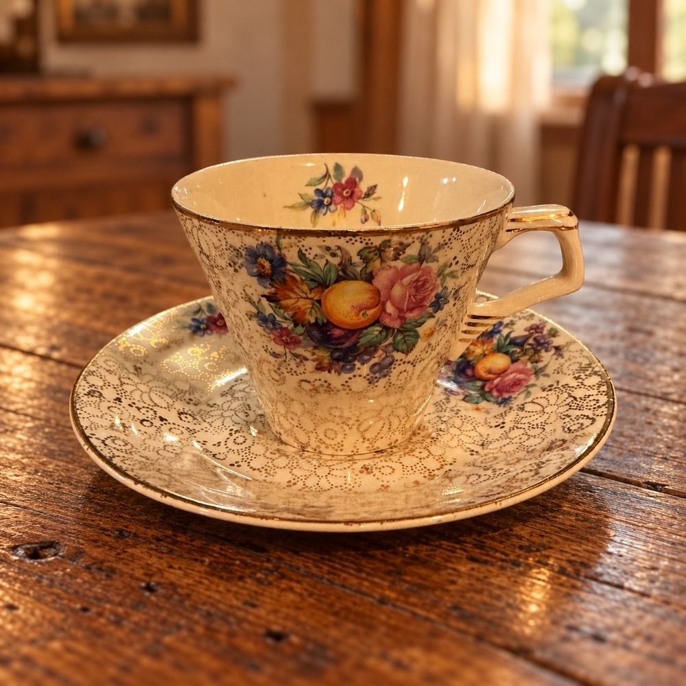 Vintage H&K Tunstall England Teacup Saucer Set Gold Lace Floral Fruit Chintz
